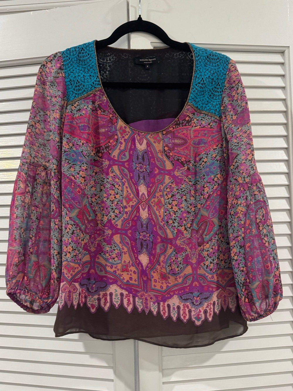 Nanette Lepore Pink & Teal Paisley Crochet-Yoke Blouse
